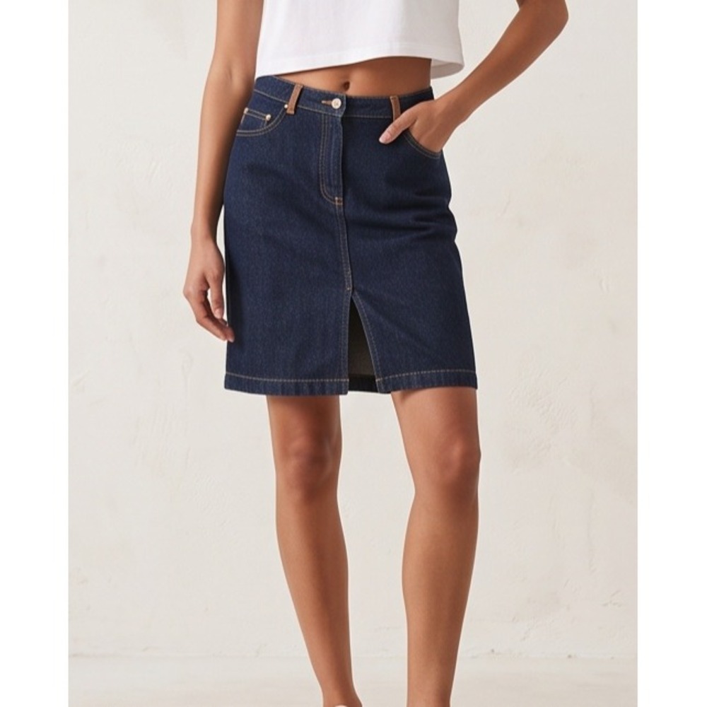 FCUK Jeans 8 Dark Wash Denim Mini Skirt Brown Leather Star Pockets NWOT